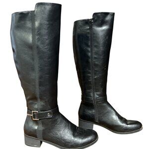 Nautica Black Faux Leather Knee-High Boots Side Zippers & Buckle Detail Size 8